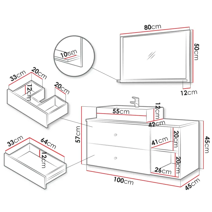 Mobile bagno sospeso 100cm con lavabo e specchio 2 cassetti nero Krom