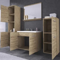 Mobile bagno sospeso 60cm con lavabo, specchio e 2 colonne rovere Saturnia