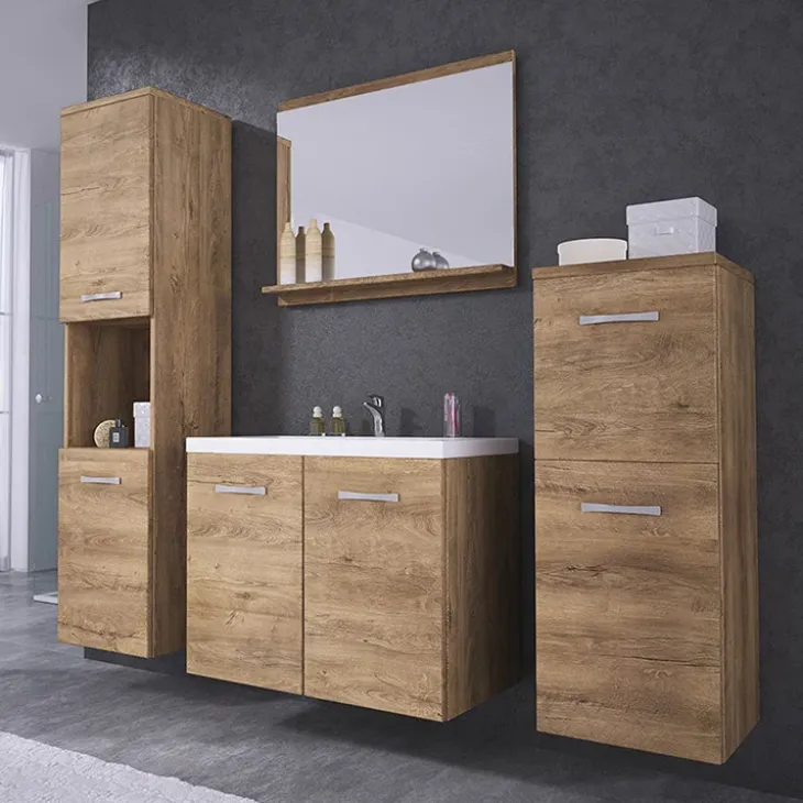 Mobile bagno sospeso 60cm con lavabo, specchio e 2 colonne rovere Saturnia