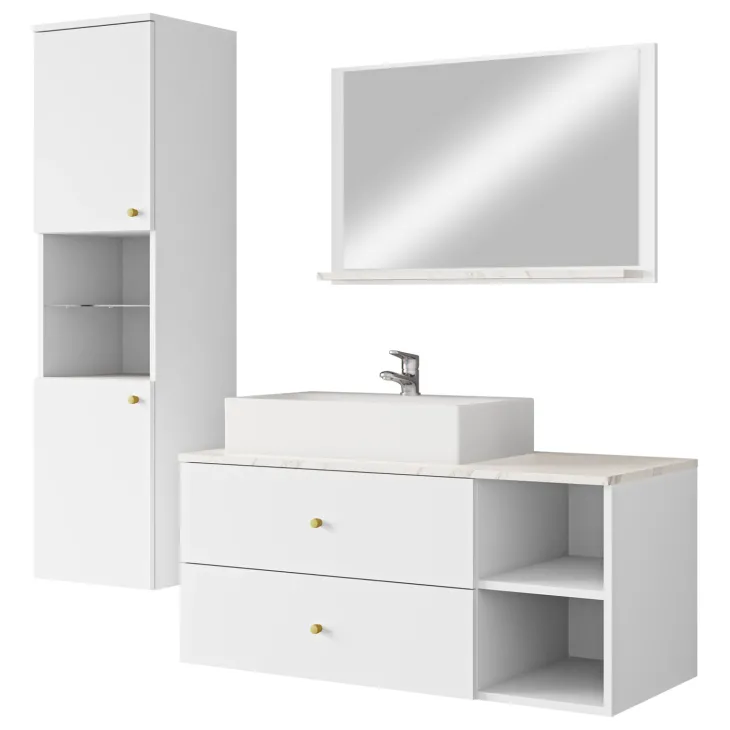 Mobile bagno sospeso 100cm con lavabo, specchio e colonna bianco Krom