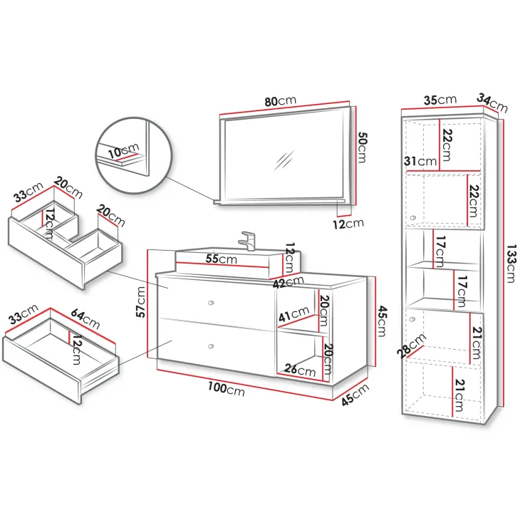 Mobile bagno sospeso 100cm con lavabo, specchio e colonna bianco Krom