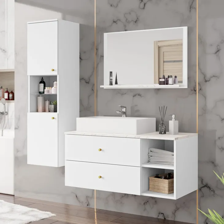 Mobile bagno sospeso 100cm con lavabo, specchio e colonna bianco Krom