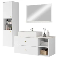 Mobile bagno sospeso 100cm con lavabo, specchio e colonna bianco Krom