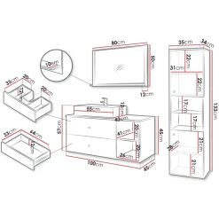 Mobile bagno sospeso 100cm con lavabo, specchio e colonna nero Krom