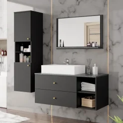 Mobile bagno sospeso 100cm con lavabo, specchio e colonna nero Krom