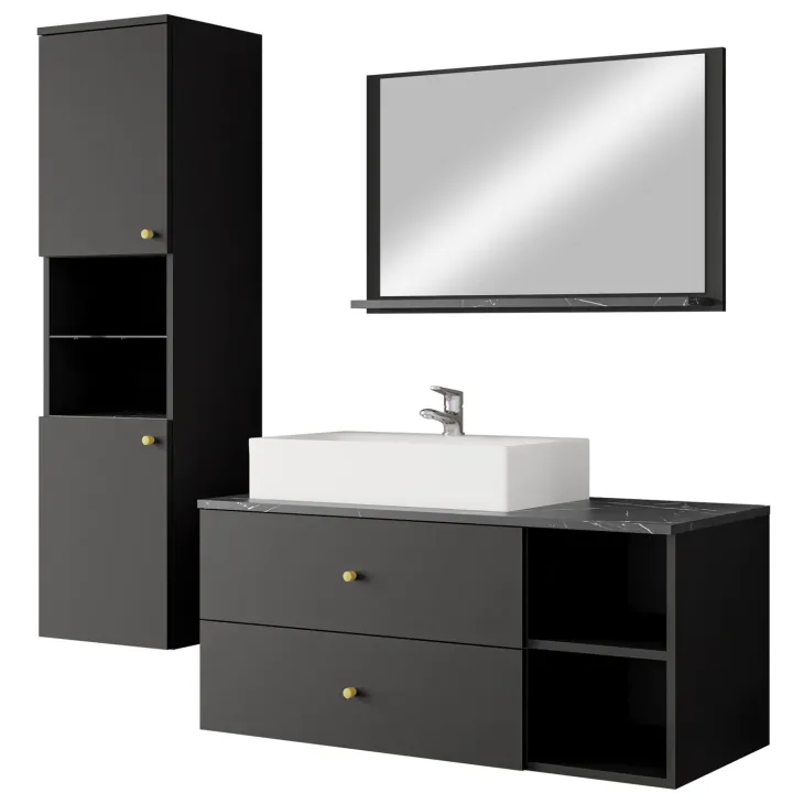 Mobile bagno sospeso 100cm con lavabo, specchio e colonna nero Krom