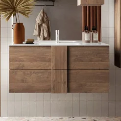 Mobile bagno sospeso 100cm con lavabo 2 cassetti rovere scuro Alvarez