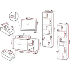 Mobile bagno sospeso 100cm con lavabo, specchio e 2 colonne bianco Krom