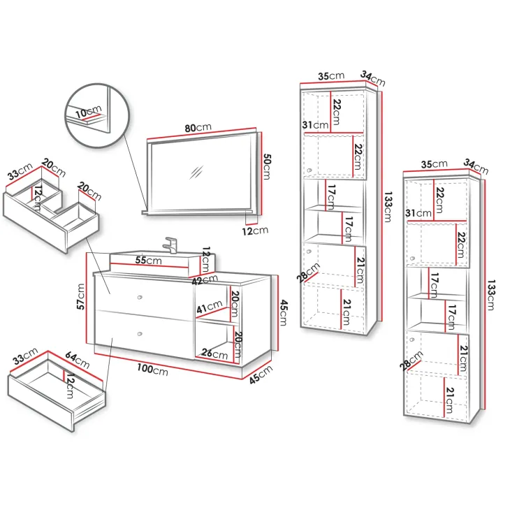 Mobile bagno sospeso 100cm con lavabo, specchio e 2 colonne nero Krom
