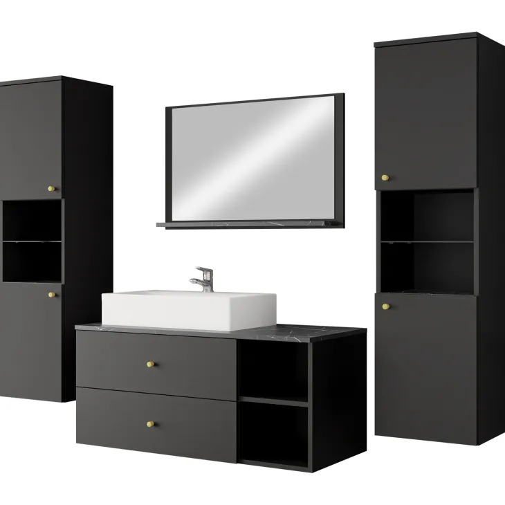 Mobile bagno sospeso 100cm con lavabo, specchio e 2 colonne nero Krom