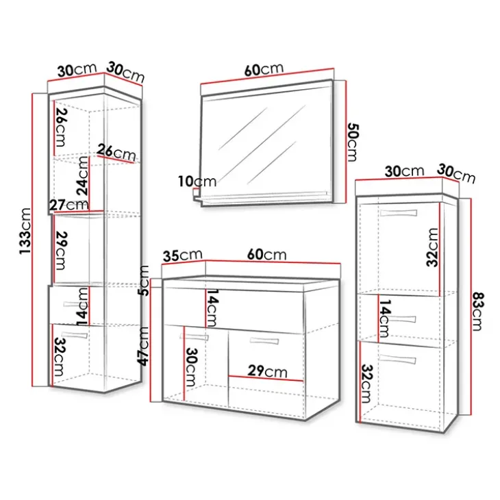Mobile bagno sospeso 60cm con lavabo, specchio e colonne bianco lucido Loretta