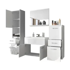 Mobile bagno sospeso 60cm con lavabo, specchio e colonne bianco lucido Loretta