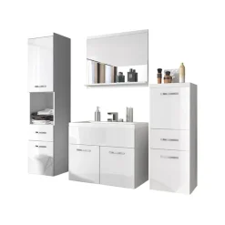 Mobile bagno sospeso 60cm con lavabo, specchio e colonne bianco lucido Loretta