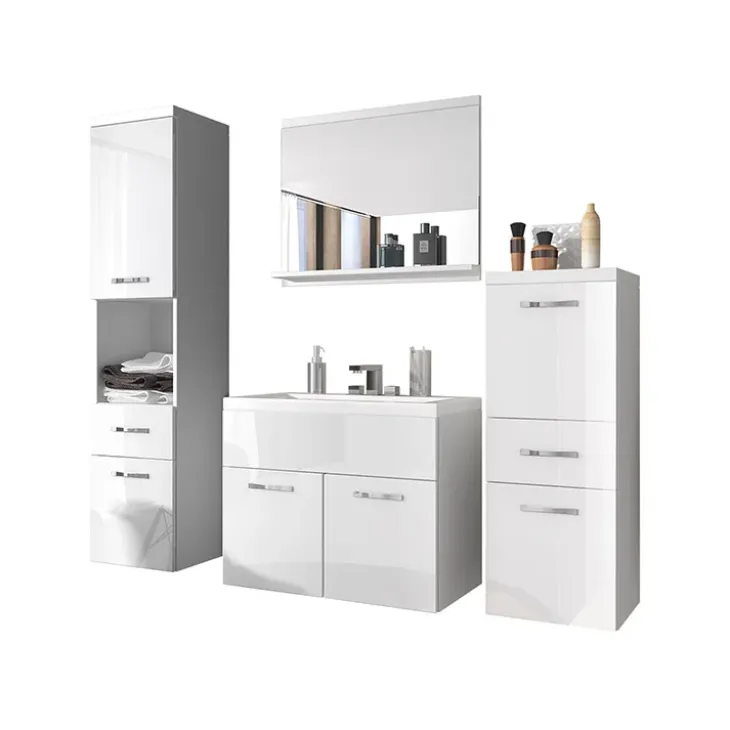 Mobile bagno sospeso 60cm con lavabo, specchio e colonne bianco lucido Loretta