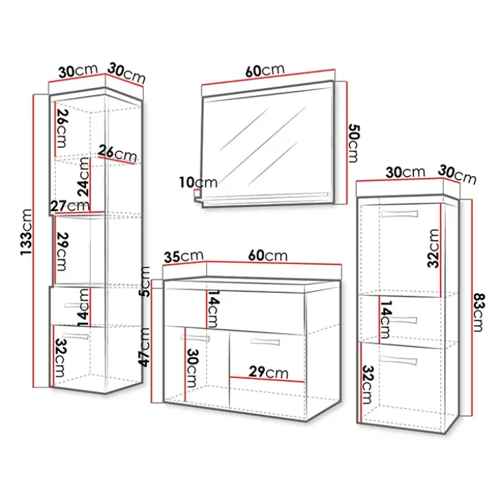 Mobile bagno sospeso 60cm con lavabo, specchio e colonne bianco lucido grigio scuro Loretta