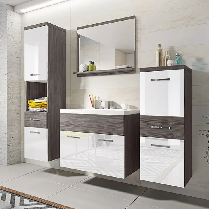 Mobile bagno sospeso 60cm con lavabo, specchio e colonne bianco lucido grigio scuro Loretta