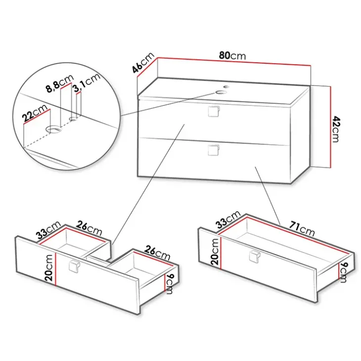 Mobile bagno sospeso 80cm con lavabo 2 cassetti maniglie oro nero Bursa 4