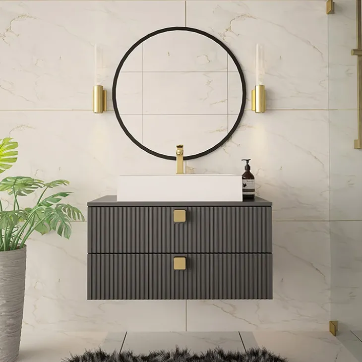 Mobile bagno sospeso 80cm con lavabo 2 cassetti maniglie oro grigio Bursa 4