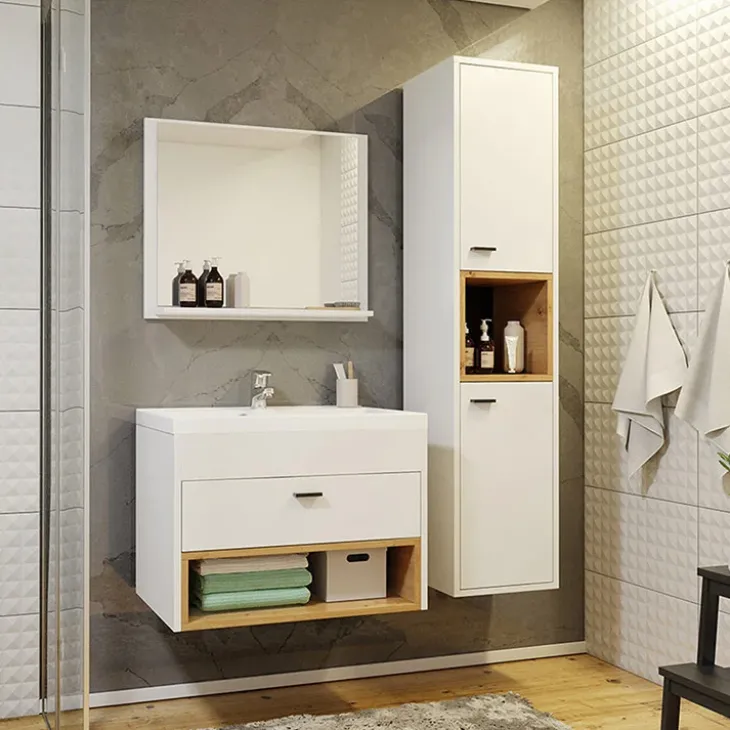 Mobile bagno sospeso 60cm con lavabo, specchio e colonna bianco rovere Florentina