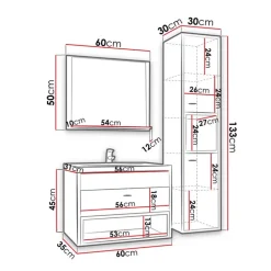 Mobile bagno sospeso 60cm con lavabo, specchio e colonna bianco rovere Florentina