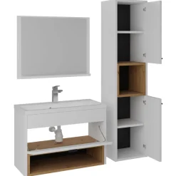 Mobile bagno sospeso 60cm con lavabo, specchio e colonna bianco rovere Florentina