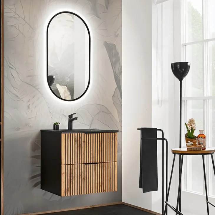 Mobile bagno sospeso 60 cm con lavabo nero da incasso quercia antracite Limpid