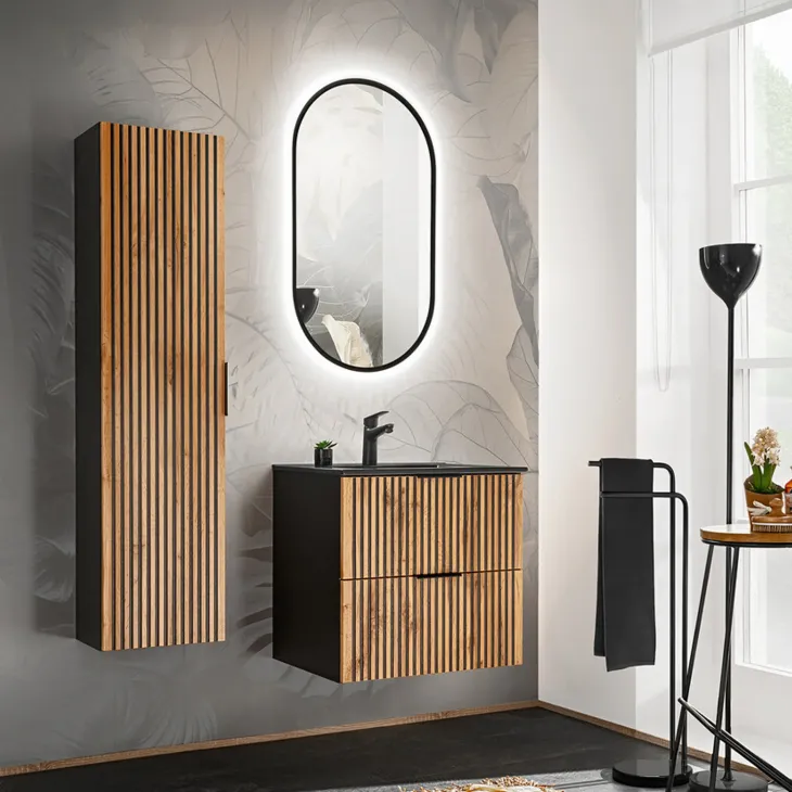 Mobile bagno sospeso 60 cm con lavabo nero da incasso quercia antracite Limpid