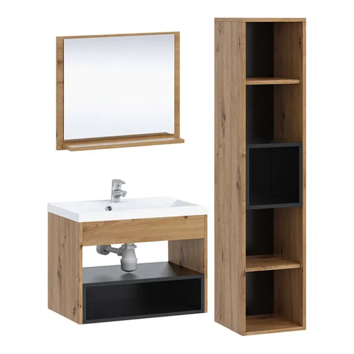 Mobile bagno sospeso 60cm con lavabo, specchio e colonna moderno rovere nero Florentina