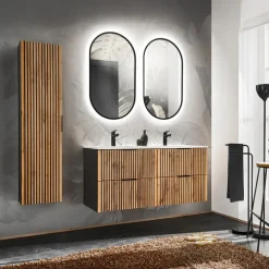 Mobile bagno sospeso 120 cm con 2 lavabi da incasso, 2 specchi e colonna quercia antracite Limpid