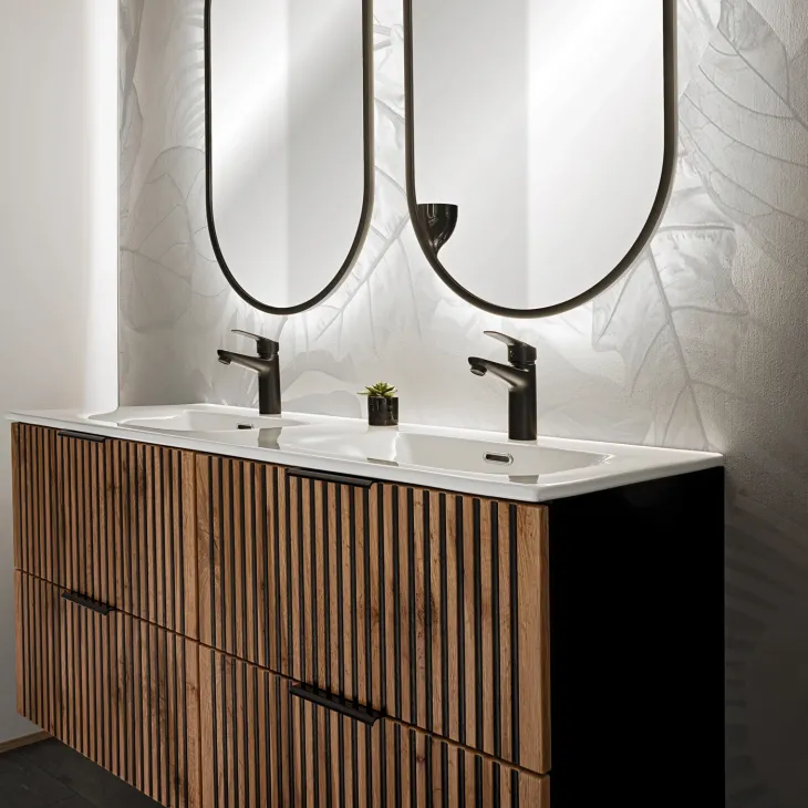 Mobile bagno sospeso 120 cm con 2 lavabi da incasso, 2 specchi e colonna quercia antracite Limpid
