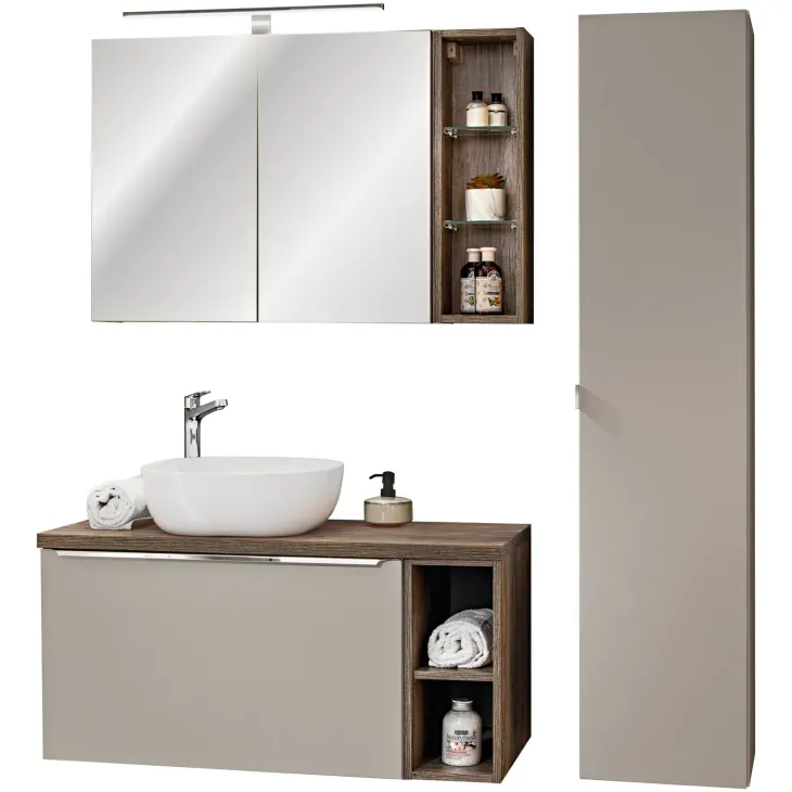Mobile bagno sospeso 100cm con lavabo, mobile specchio e colonna grigio quercia Serif