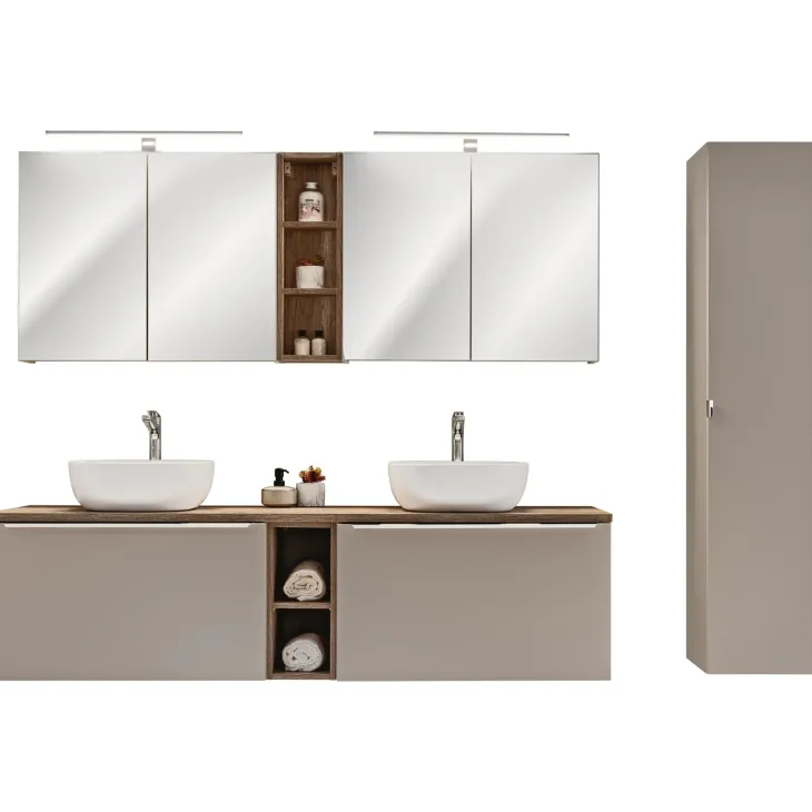 Mobile bagno sospeso 180cm con 2 lavabi, 2 mobili specchio e colonna grigio quercia Serif