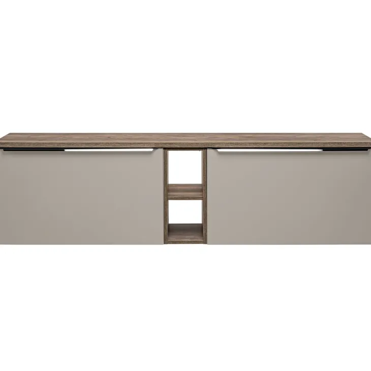 Mobile bagno sospeso 180cm con 2 lavabi, 2 mobili specchio e colonna grigio quercia Serif