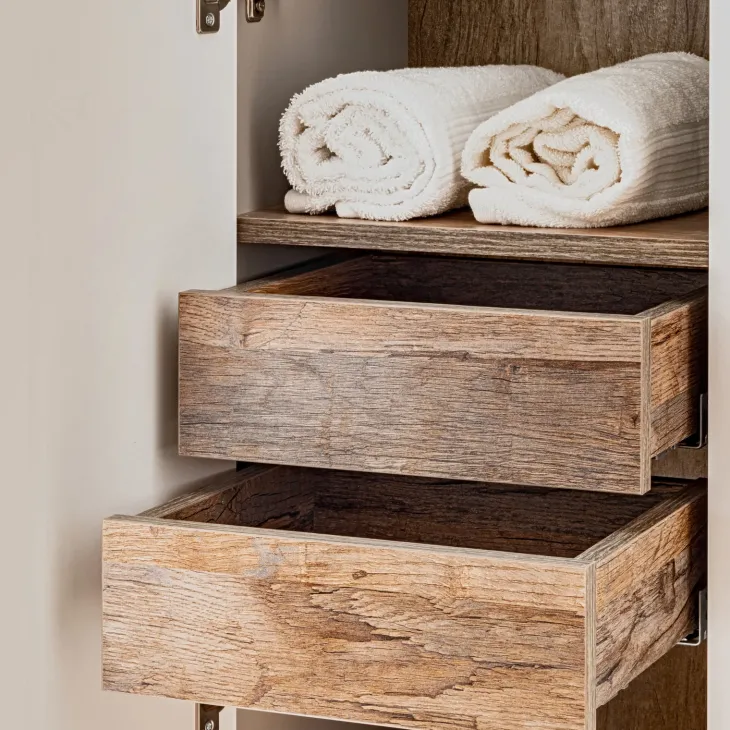 Mobile bagno sospeso 180cm con 2 lavabi, 2 mobili specchio e colonna grigio quercia Serif