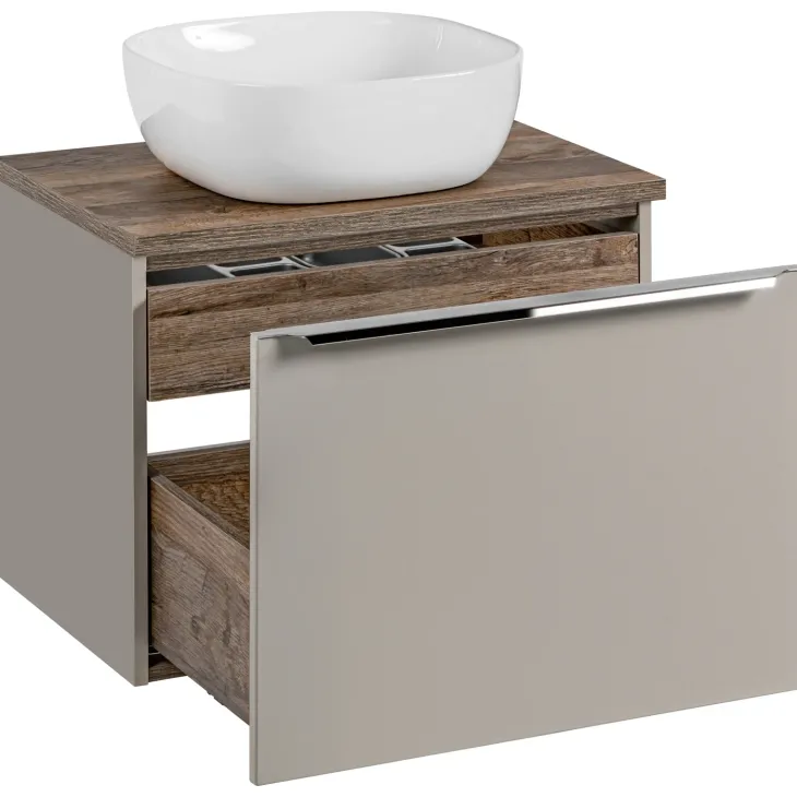 Mobile bagno sospeso 60cm con lavabo, mobile specchio e colonna grigio quercia Serif