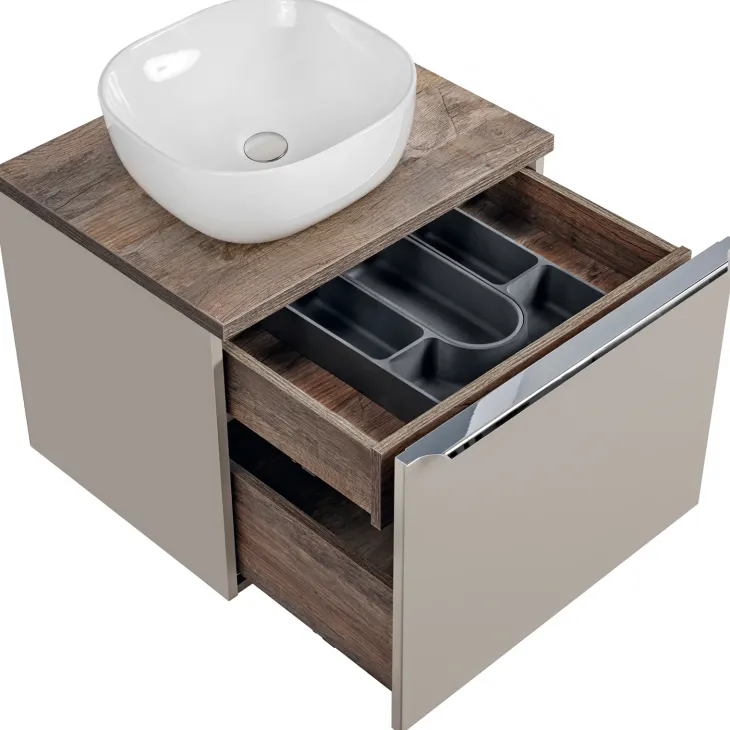 Mobile bagno sospeso 60cm con lavabo, mobile specchio e colonna grigio quercia Serif