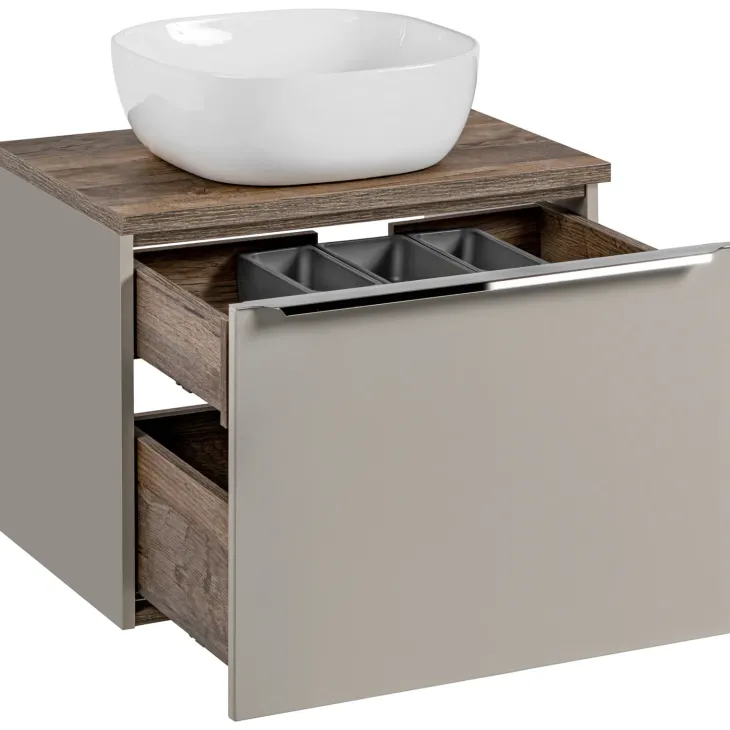 Mobile bagno sospeso 60cm con lavabo, mobile specchio e colonna grigio quercia Serif