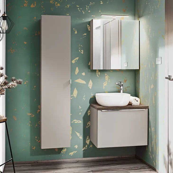 Mobile bagno sospeso 60cm con lavabo, mobile specchio e colonna grigio quercia Serif