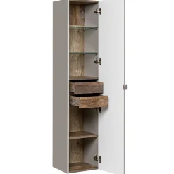 Mobile bagno sospeso 80cm con lavabo, mobile specchio e colonna grigio quercia Serif