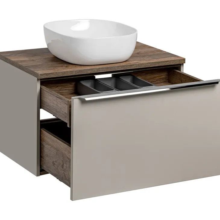 Mobile bagno sospeso 80cm con lavabo, mobile specchio e colonna grigio quercia Serif