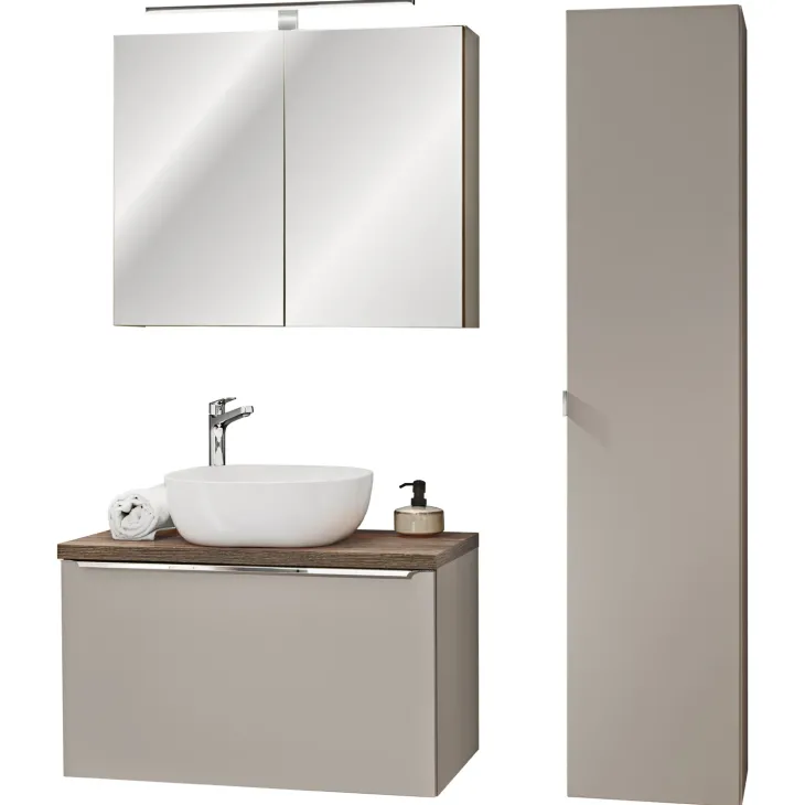 Mobile bagno sospeso 80cm con lavabo, mobile specchio e colonna grigio quercia Serif