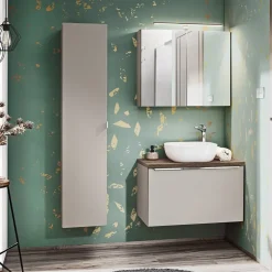 Mobile bagno sospeso 80cm con lavabo, mobile specchio e colonna grigio quercia Serif