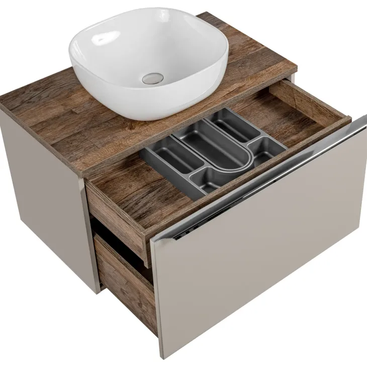 Mobile bagno sospeso 80cm con lavabo, mobile specchio e colonna grigio quercia Serif