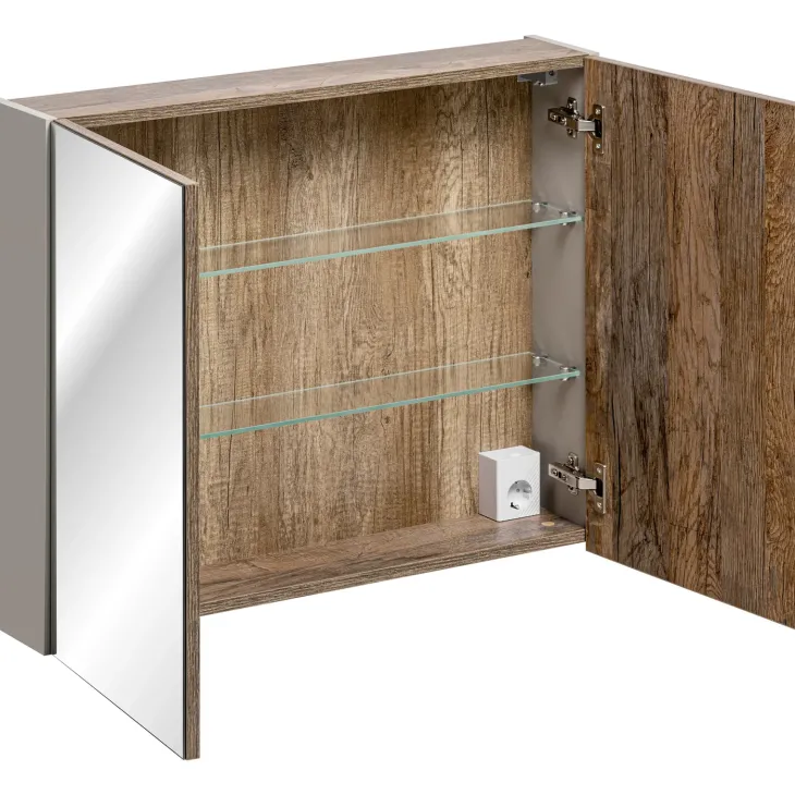 Mobile bagno sospeso 80cm con lavabo, mobile specchio e colonna grigio quercia Serif
