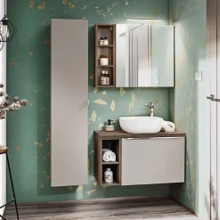 Mobile bagno sospeso 60cm con lavabo, mobile specchio, colonna e vani grigio quercia Serif