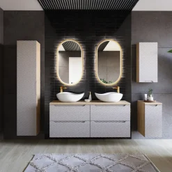 Mobile bagno sospeso 120cm con 2 lavabi, colonna, pensile e base sospesa beige rovere Swim