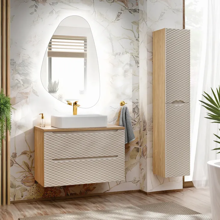 Mobile bagno sospeso 80cm con lavabo, specchio e colonna beige rovere Swim