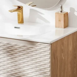 Mobile bagno sospeso 80cm con lavabo, specchio e colonna beige rovere Swim