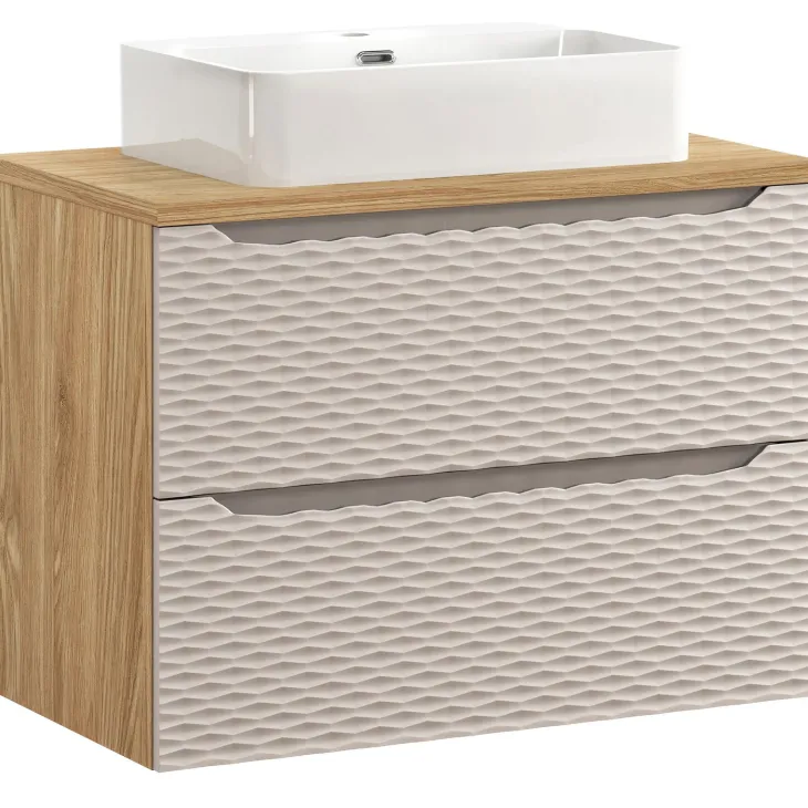 Mobile bagno sospeso 80cm con lavabo, specchio e colonna beige rovere Swim