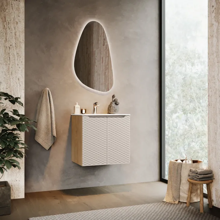 Mobile bagno sospeso 60cm con lavabo da incasso 2 ante beige rovere Swim